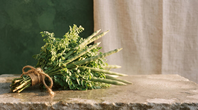 A bundle of fresh moringa oleifera drumsticks and leaves tied with twine on a rustic stone surface