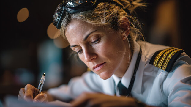 Focused female pilot writing during training session indoors in a classroom