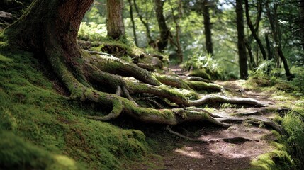Obraz premium Gnarled tree roots curve gently on mossy ground in a forest setting with dappled sunlight