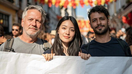 Obraz premium Diverse group holding a banner in a street festival