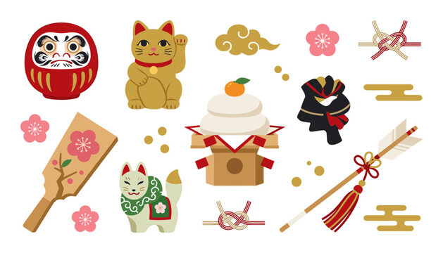 Japanese New Year Celebration Illustration Set with Daruma, Lucky Cat, Mochi, Kimono, Decorative Knots, Plum Blossoms, and Traditional Symbols