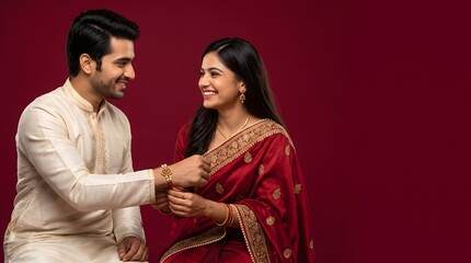 Obraz premium Indian sister tying rakhi on brother wrist for raksha bandhan festival celebration