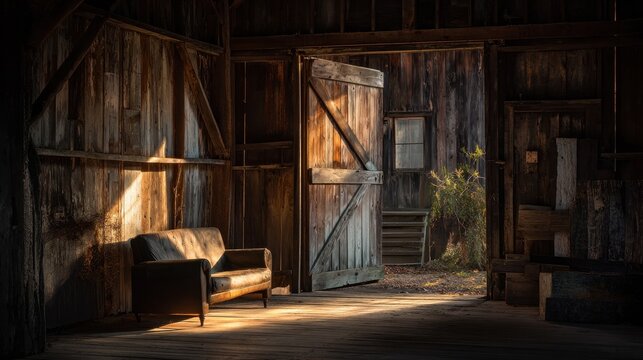 Weathered barn door opens to a rustic interior with a sofa and soft light illuminating the space during an afternoon scene