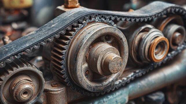 Worn serpentine belt and dirt on car engine pulley system showing signs of wear and tear