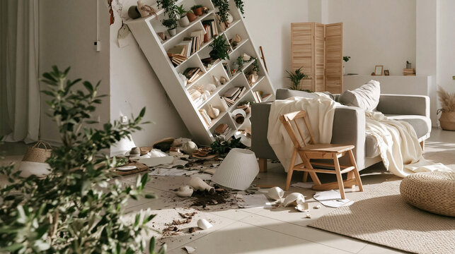 Devastation Indoors: A room in disarray after an apparent earthquake, with a bookshelf toppled and its contents scattered across the floor, a sofa and chairs disturbed.