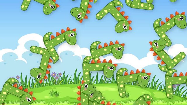 Cartoon Green Dinosaurs Falling Over a Sunny Meadow Background