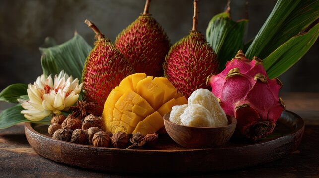 Exotic marang fruit still life on wooden plate showing healthy eating ideas in a calm setting