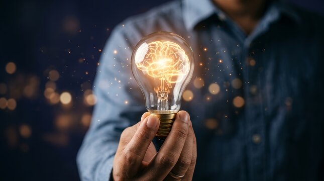 Glowing light bulb with brain filament held by businessman, creative idea and innovation concept, smart thinking and intellectual property