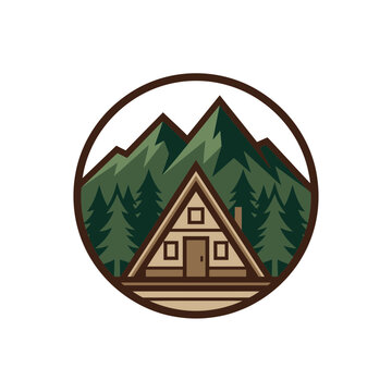 A-frame wood cabin mountain forest badge.