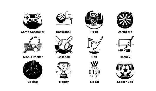sports, icon, set, game, controller, basketball, hoop, dartboard, tennis, racket, baseball, golf, hockey, boxing, glove, trophy, medal, soccer, ball, athletic, competition, championship, equipment, bl
