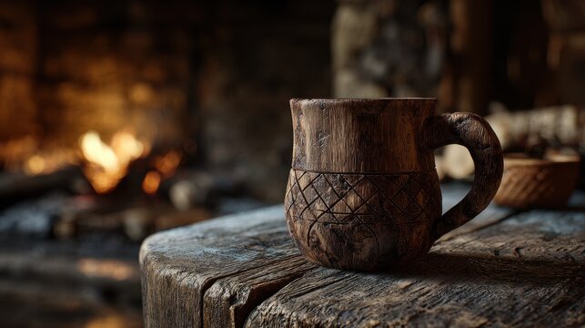 Worn wooden mug with carved texture resting on rough hewn table beside a warm fire in a cozy room