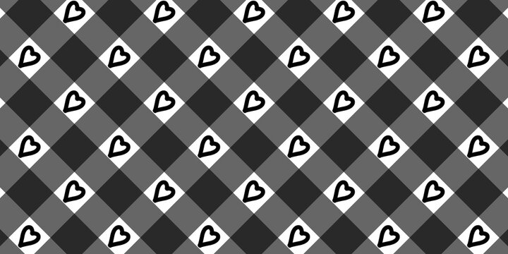Seamless gray buffalo plaid pattern with white hearts.  diagonal gingham background. Monochromatic tartan texture for textile, wallpaper, scrapbooking.