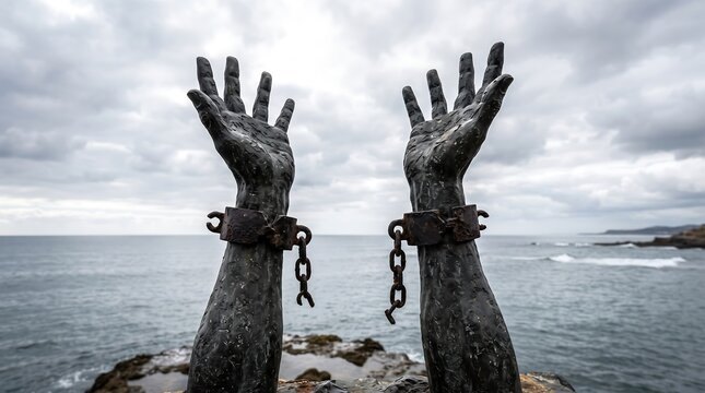 Bronze sculpture of broken chains on hands reaching up to sky against ocean background