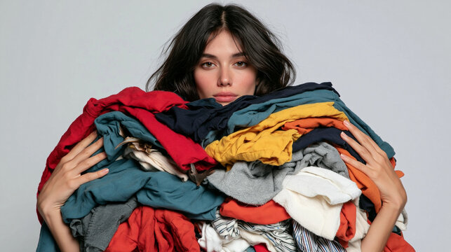 Overwhelmed by Laundry: A young woman, her face a mixture of exhaustion and determination, struggles to carry a mountain of colorful clothes, a common household chore amplified.
