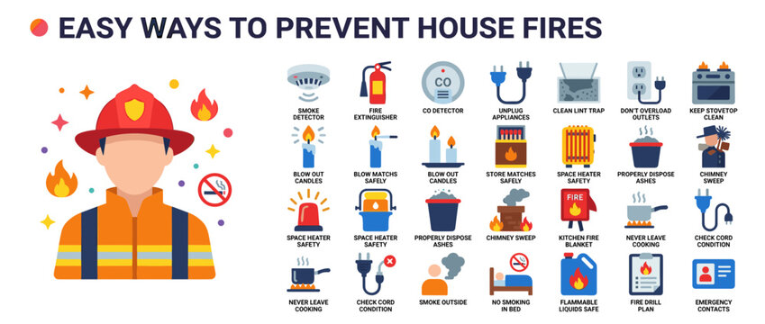 Comprehensive Infographic of Easy Ways to Prevent House Fires Featuring Firefighter and Safety Icons
