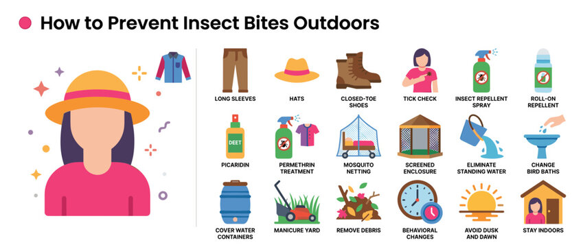 Educational Infographic Showing Various Methods on How to Prevent Insect Bites and Ticks Outdoors