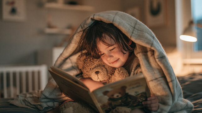 Cozy Bedtime Story: A young child, tucked under a warm blanket with a teddy bear companion, is engrossed in reading a storybook illuminated by a soft light, evoking a sense of wonder and comfort.