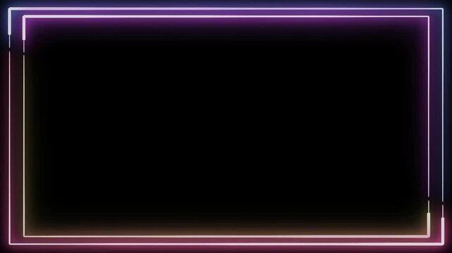 Neon rectangular frame with glowing purple and yellow lines stands out against a black background.
