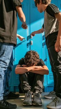 Bullying in School Hallway: A young boy is isolated and distressed, sitting on the floor by lockers, while other children point and taunt him.