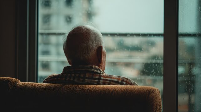 Senior man sits on armchair and looks through window while rain falls outside in the city on a cloudy day