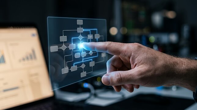 Futuristic digital flowchart interface, businessman hand touching virtual business process diagram, software development concept