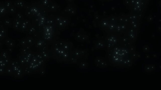 Glowing teal particles float dynamically across a dark black spatial background.