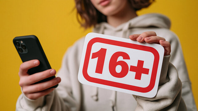 Age Limit 16+: A young person holds a smartphone and a sign displaying 16+ indicating an age restriction for content or services, relevant for digital safety and parental guidance.