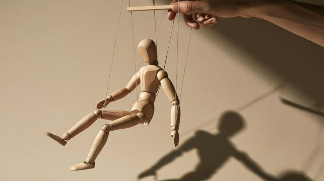 Puppeteer's Control: A hand manipulates a wooden marionette by its strings, casting a dramatic shadow on the wall, symbolizing control and influence.
