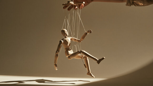 Puppet Master's Grip: A wooden puppet, suspended by strings, dances to the unseen hand of its manipulator, casting a long shadow, embodying control and helplessness.