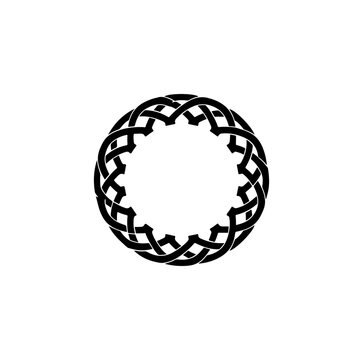 Complex black and white celtic knotwork forming a symmetrical double spiral pattern within a circular frame