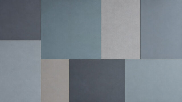 Monochromatic Geometric Pattern: A visually striking composition featuring a precise arrangement of rectangular and square panels in varying shades of blue, gray, and beige.