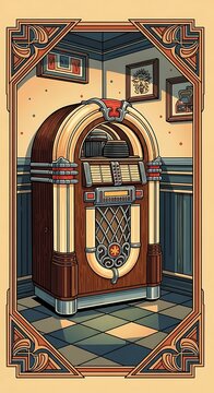 Classic vintage jukebox in a retro room with decorative frame