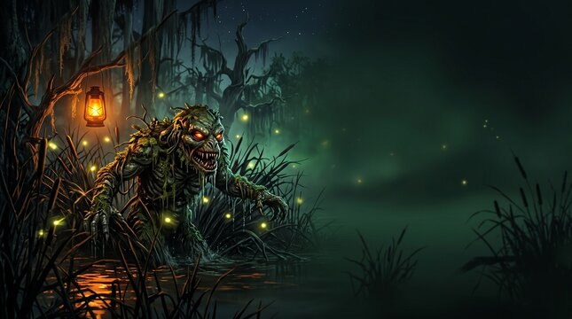 Terrifying Swamp Monster Emerging from Dark Bayou