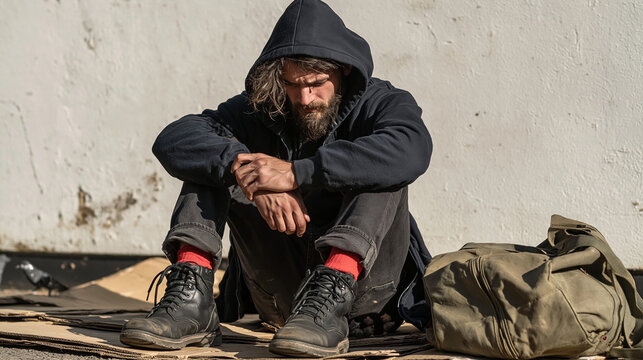 Urban Desolation: A lone, disheveled man with a beard sits huddled in an urban alleyway, his gaze cast downwards in contemplation, a worn duffel bag beside him.