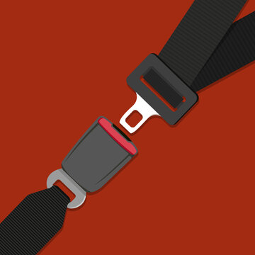 A simple illustration of a black seat belt buckle on a red background