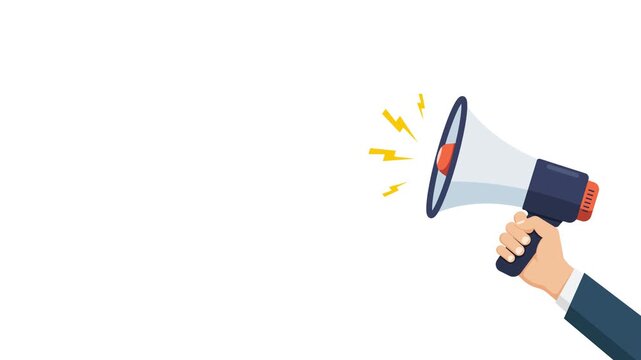 4K animation of Hand holding a megaphone on a clean white background representing marketing, announcement, promotion, and urgent communication for business.