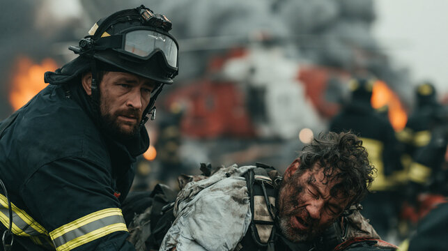 Heroic Rescue Amidst Chaos: A determined firefighter, soot-stained and resolute, carries a fellow rescuer through a scene of intense fire and smoke, embodying courage and sacrifice.