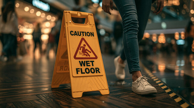 Caution Wet Floor Sign: A bright yellow Caution Wet Floor sign stands prominently on a tiled floor, warning passersby to exercise care. A person's legs and feet, clad in jeans and sneakers.