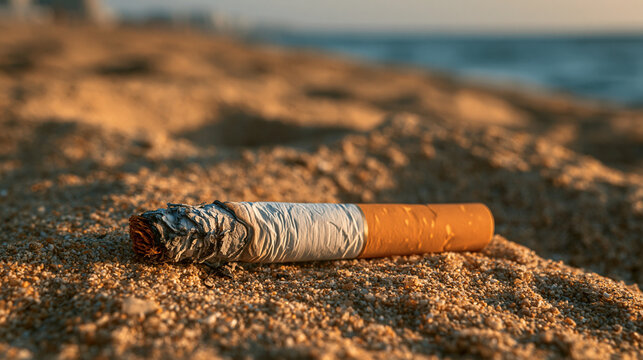 Cigarette butt on Sandy Beach