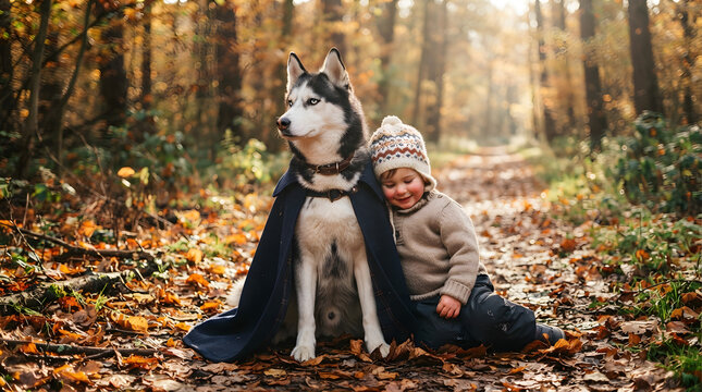 Young girl in pink hat cuddling large Siberian husky in autumn forest setting