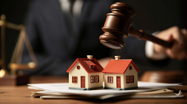 Gavel Strikes Decision on Twin Homes: A judge's hand holds a gavel poised to strike, overlooking miniature twin houses placed on documents, symbolizing a legal decision regarding property.