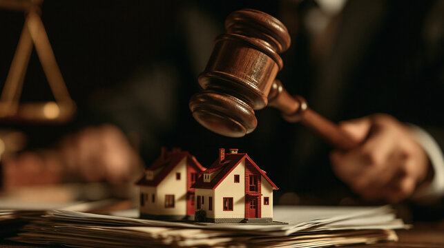 Justice and Property: A gavel poised to strike over miniature houses symbolizes legal decisions and property disputes. The solemn atmosphere hints at an auction or court ruling.