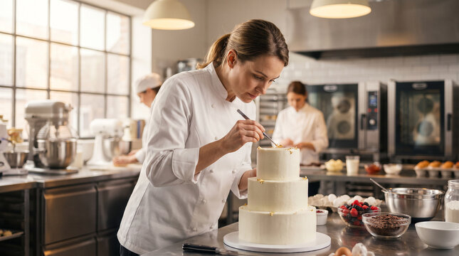 Pastry chef decorates artisan cake in modern bakery kitchen, showcasing cake decorating, baking craftsmanship, culinary precision, artisan food production and professional pastry techniques with copy 