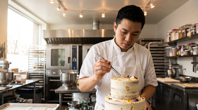 Pastry chef decorates artisan cake in modern bakery kitchen, showcasing cake decorating, baking craftsmanship, culinary precision, artisan food production and professional pastry techniques with copy 