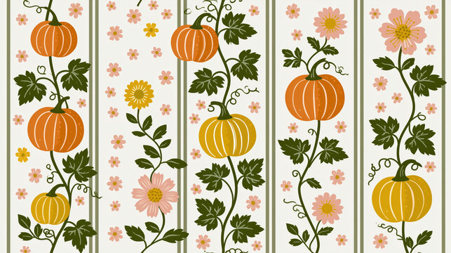 Pumpkin floral pattern vertical stripe autumn decor seamless background orange pumpkin yellow pumpkin flower leaf vine plant