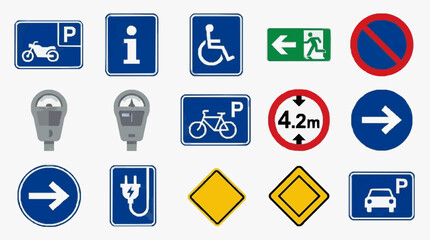 Fototapeta premium Professional Collection of 15 Colorful Parking and Traffic Signs with Symbols Directions and Restrictions