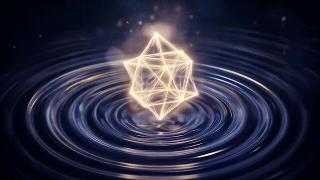 Glowing Geometric Shape Floating in Water with Sparkling Effect