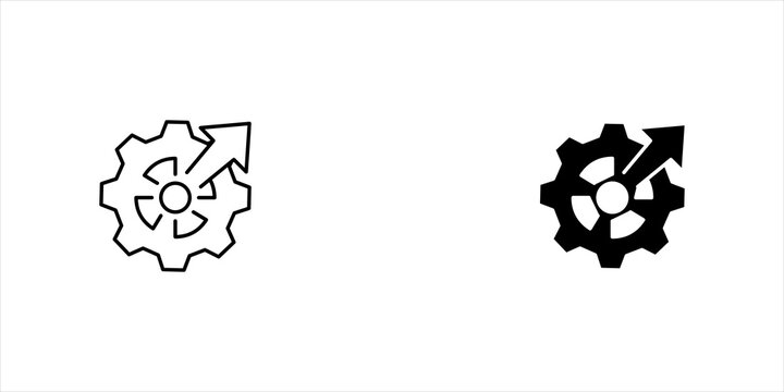 Clean outline icon set. of a mechanical gear with a central circular process symbol and upward arrow, representing business process management, optimization, innovation, and operational growth.