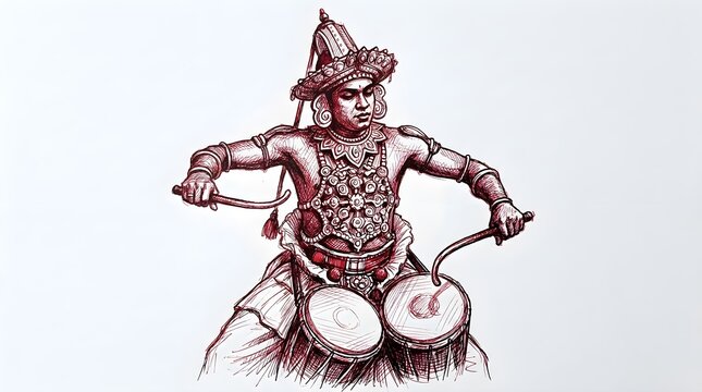 Red and Black Pen Sketch of Sri Lankan Kandyan Tammettama Drummer