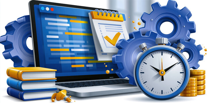 Software update technology laptop gear clock checklist code maintenance process automation computer digital screen notebook document task schedule time efficiency system programming data interface